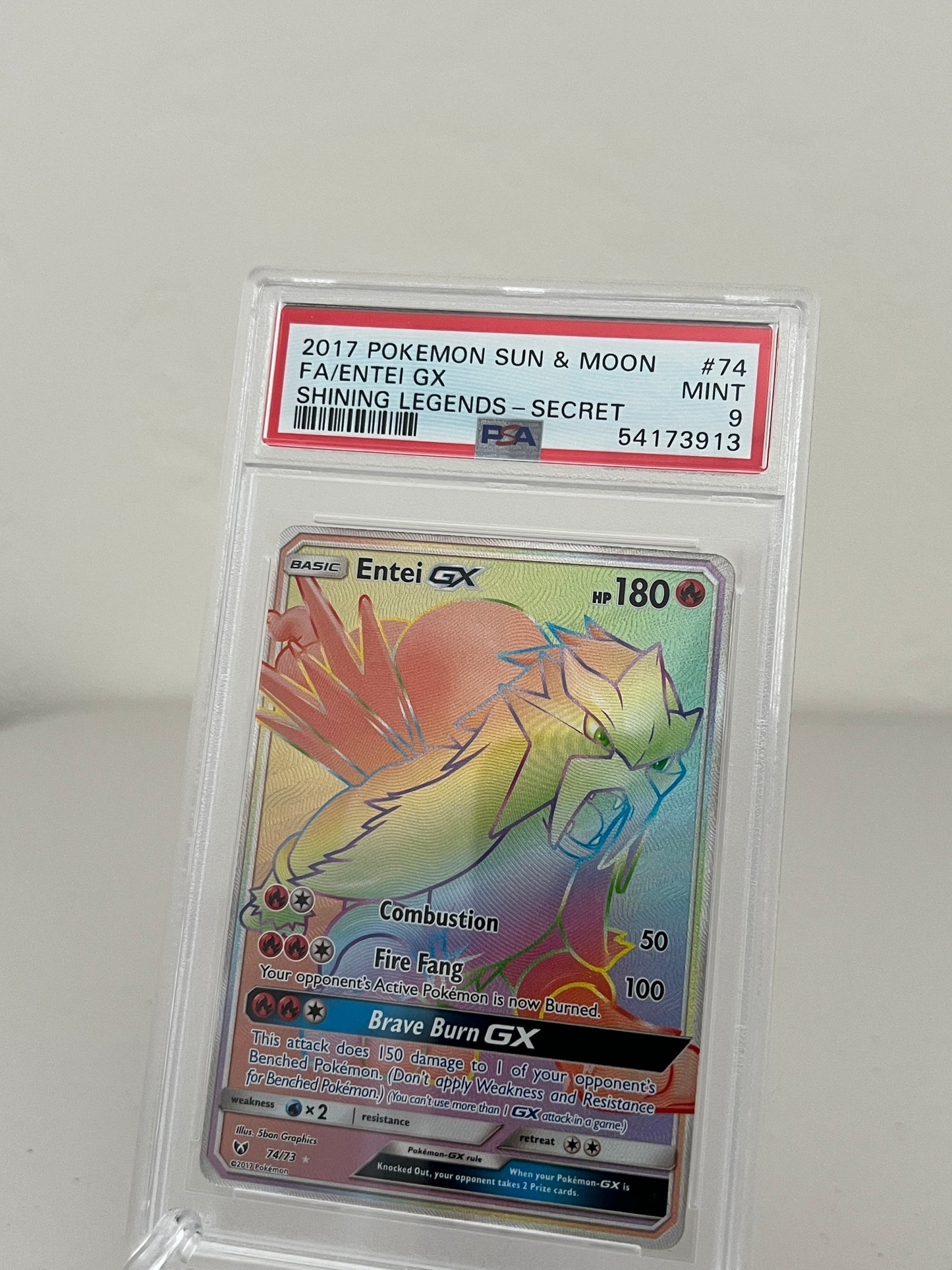 2017 Pokémon Sun & Moon Shining Legends Full Art Entei GX Secret 74/73 - PSA 9