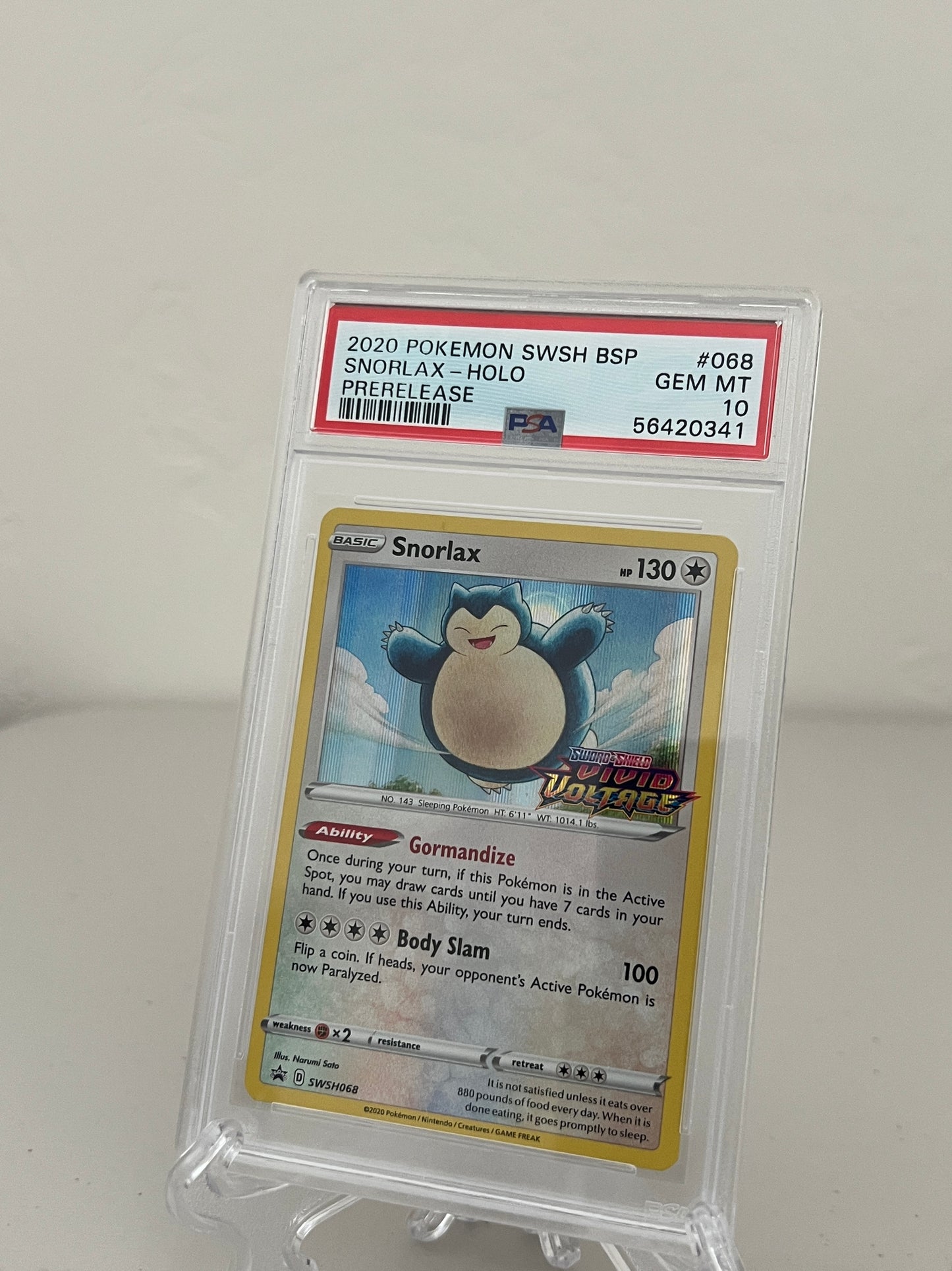 2020 Pokemon Vivid Voltage Snorlax Holo Rare Prerelease #SWSH068 - PSA 10