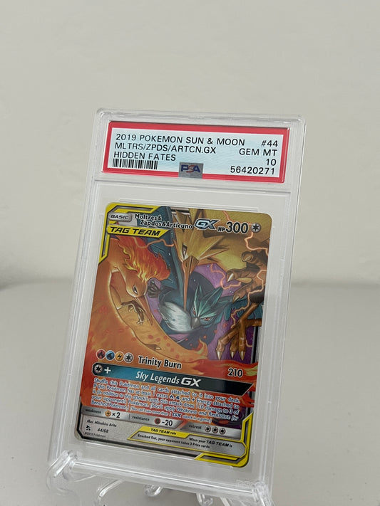 2019 Pokemon Sun & Moon Hidden Fates Moltres Zapdos Articuno GX #44 - PSA 10