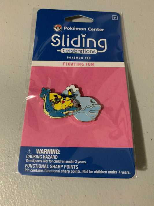 Pokemon Center Exclusive Sliding Celebrations Pin Floating Fun - Surfing Pikachu Lapras - uptownhobbies